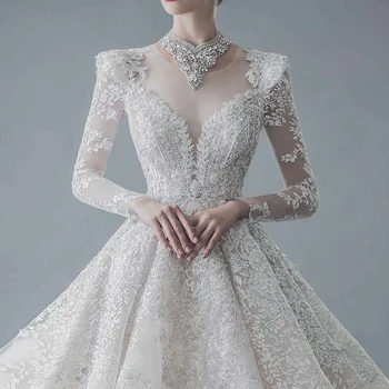 

BGW HT4928 French Style Tulle Appliqued Luxurious Wedding Dresses Long Sleeves Round Neck Sequined Vestido De Casamento Princesa
