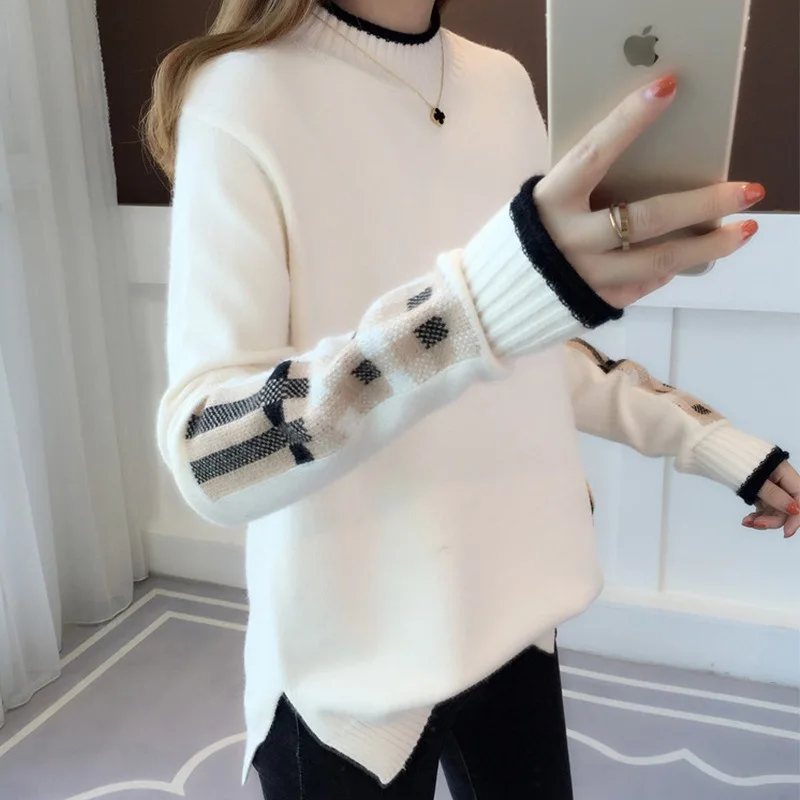 

Autumn and Winter 2019 New sweater Gray Slim Bottom Shirt Long Sleeve Tight Knitted Shirt Thickening white
