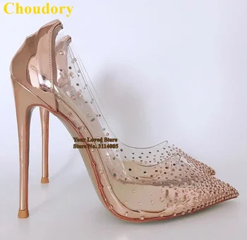 

Choudory Top Brand Champagne Bling Bling Wedding Shoes Clear PVC Patchwork Dress Pumps Glitter Rhinestone Party Shoes Size43