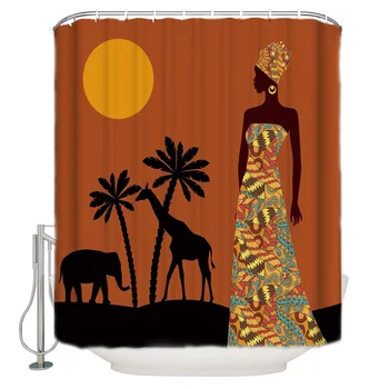 

Black Woman African Savannah Tropical Landscape Pattern Shower Curtains Polyester Fabric Waterproof Bath Curtain