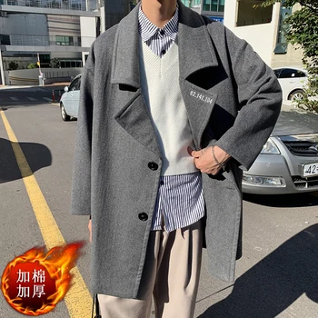 

Winter New Thickened Woolen Coat Men Warm Fashion Solid Color V-neck Woolen Jacket Man Streetwear Wild Loose Long Coat Male
