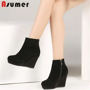 

ASUMER 2020 new high quality cow leather wedges boots zipper platform boots basic simple autumn ankle boots for women shoes