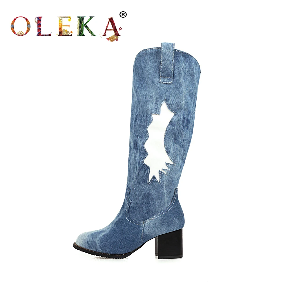 

OLEAK Knee-high Winter Women Boots Square Heel Totem Round Toe Boots For Women Mature Style Western New Shoes 2020