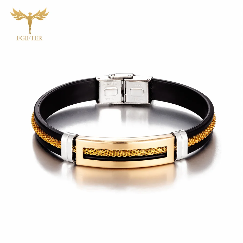 Men Stainless Steel Bracelets Black Silicone Wristband Belt with Golden Chain Cool Wrap Cuff Bangle Fashion Jewelry Accessories bangle bracelet,chain bracelet,stainless steel bracelet