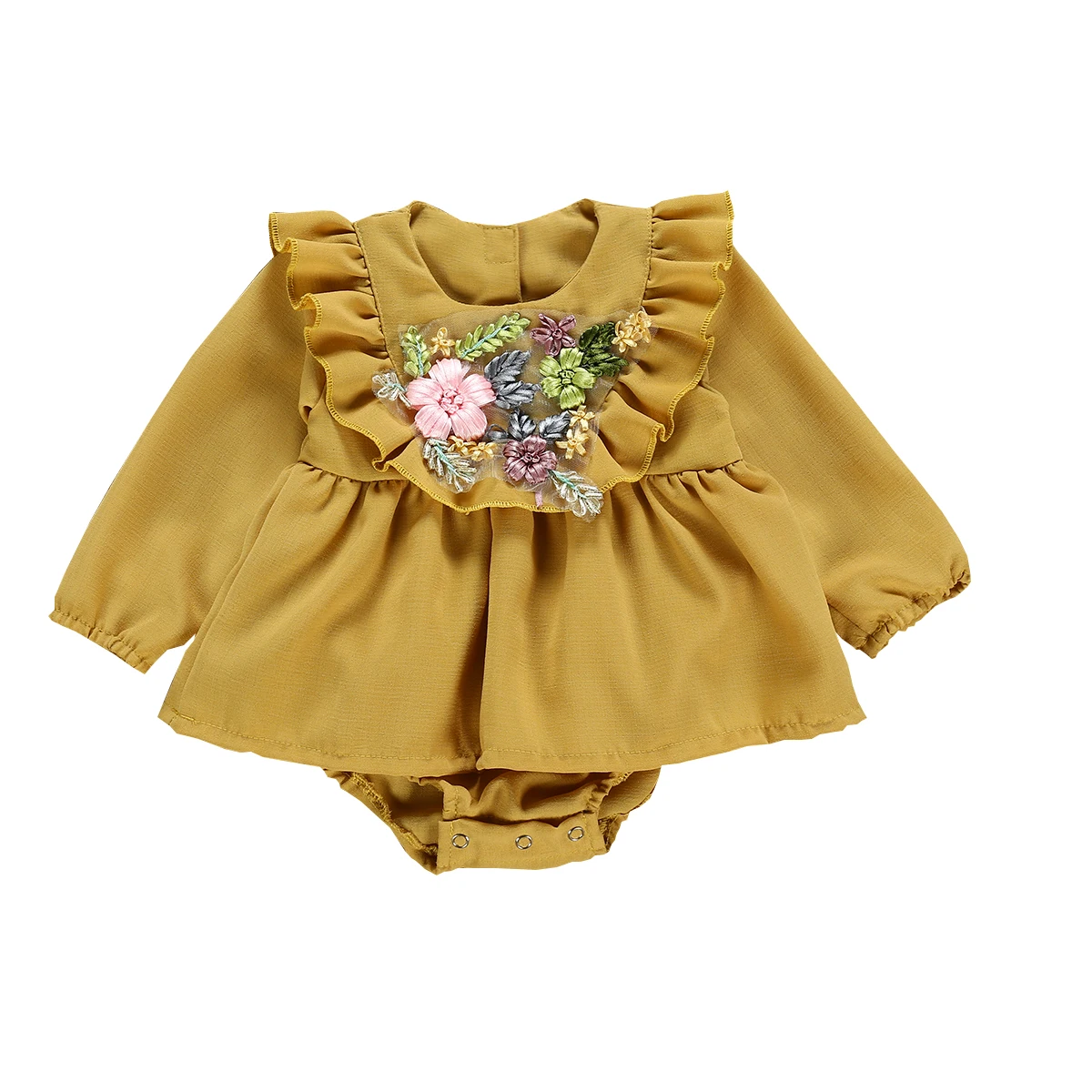 Cute Newborn Baby Girl Long Sleeve Floral Solid Color Dress Romper Jumpsuit Playsuit Outfits Baby Clothes - Цвет: Цвет: желтый