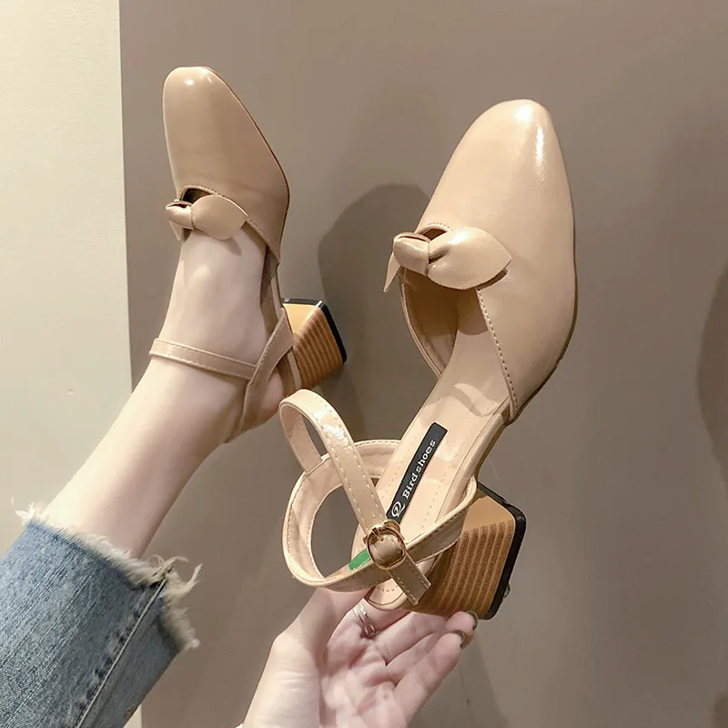 

Spring And Summer New Style Chunky-Heel Square Head Bow Straight-line Buckle Shoes Women's Semi-high Heeled Retro Versatile WOME