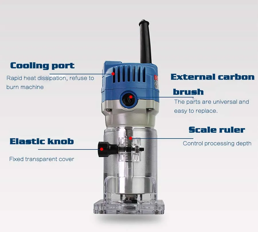 Dongcheng Router Trimmer Durable Small Copper Motor Carving Machine 1/4'' Chuck Electric Woodworking Trimmer Power Tool