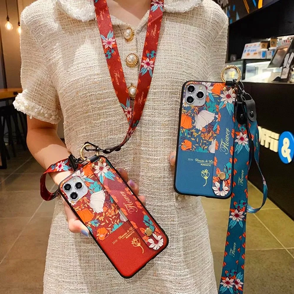 

case For iphone 11 pro xs max xr x 7 8 6 6s plus se 2020 cover strap belt soft silicone flower wristband holder phone bag capa f