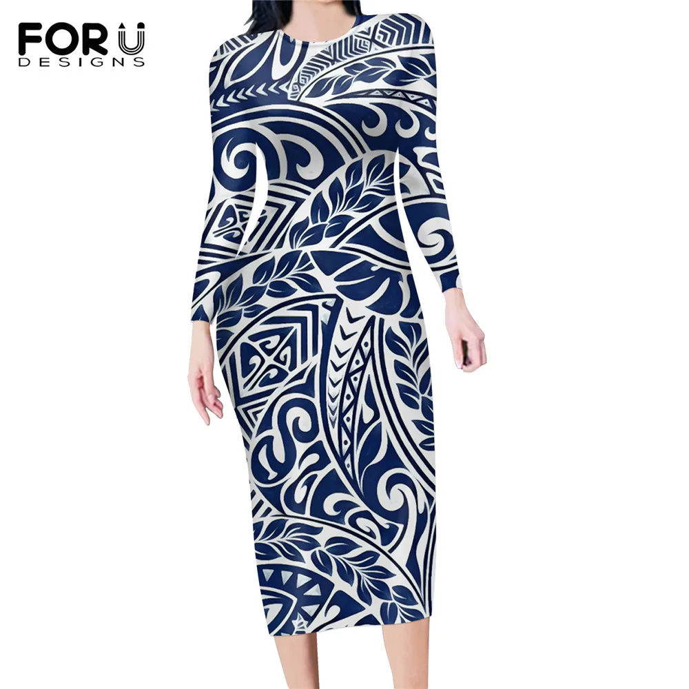 

FORUDESIGNS Casual Stretchy Bodycon Dress for Women Hawaiian Tribe Pattern Office Party Sexy Long Sleeve Pencil Dress