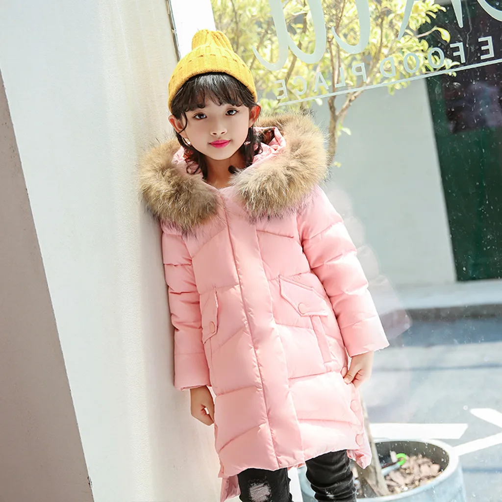Зимнее пуховое пальто для маленьких девочек; однотонные теплые нарядные куртки на молнии с капюшоном и искусственным мехом; стеганая куртка; верхняя одежда
