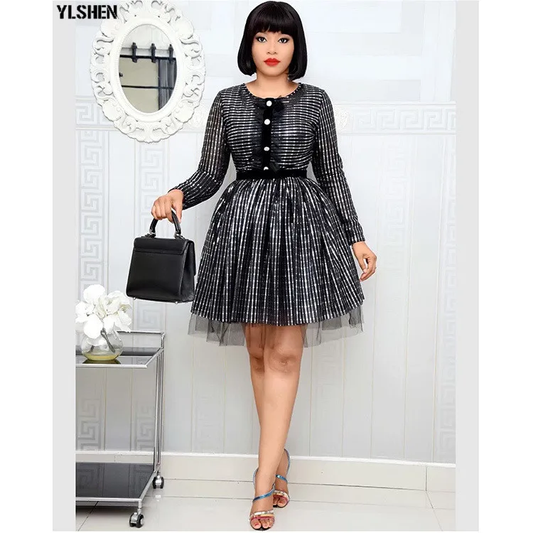 African Dresses for Women Office Lady A-Line Sequins Africa Dress African Clothing High Waist Elegant Ladies Tunic Mini Dress 01