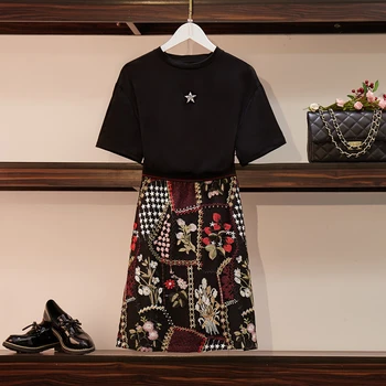 

2020 Summer Women Clothing Two Piece Set Beaded Black T-Shirt + High Waist Mesh Embroidery Skirt Set For Women Summer Skirt Suit