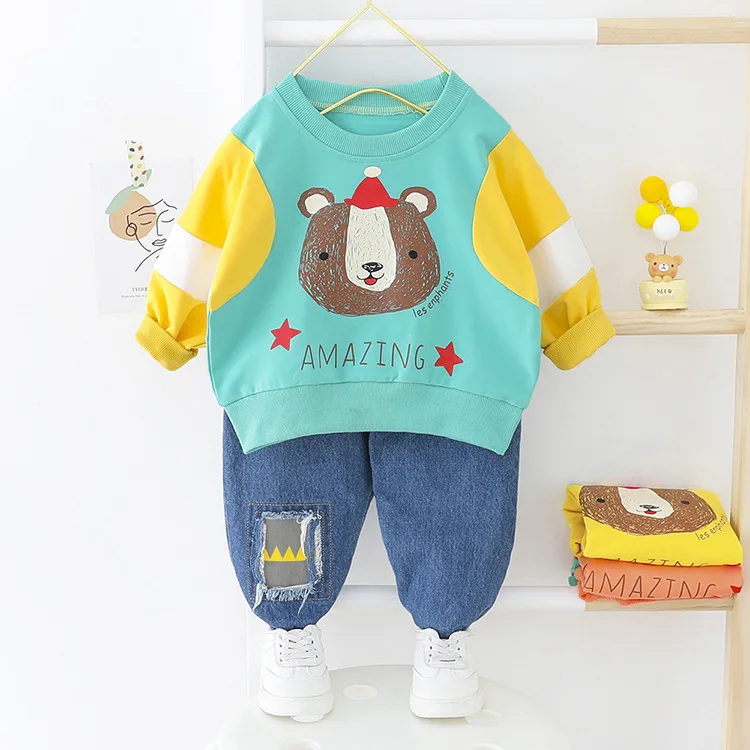 Одежда для маленьких мальчиков хлопковый теплый повседневный спортивный костюм из двух предметов одежда для малышей с длинными рукавами и принтом медведя из мультфильма костюм для мальчиков - Цвет: green