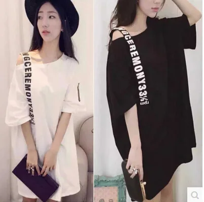 

Slimming Summer Wear New Style Europe And America Cool Shoulder Camisole Lettered Loose Medium And Long T-shirt Dress Fashion