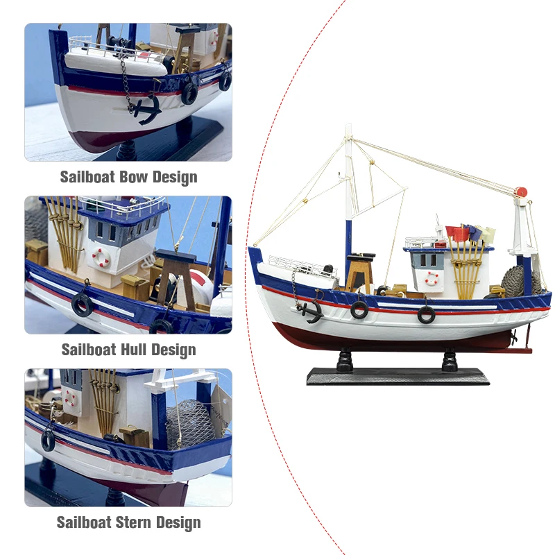 LUCKK New 38CM White Fishing Boat Ship Model 3D Wooden Assembly Sailboat Toys Home Decoration Accessories Modern Sailing Boats