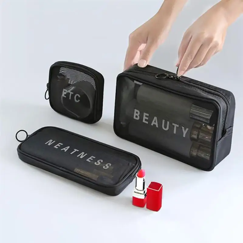 

3 Size Portable Women Cosmetic Bag Casual Mesh Makeup Pouch Travel Mesh Toiletry Organizer Zipper Cosmetic Case