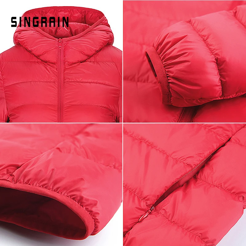 SINGRAIN Women Down Jacket Hooded 95% Duck Warm Overcoat Solid Portable Outerwear Large Size Ultra Light Down Coat Winter