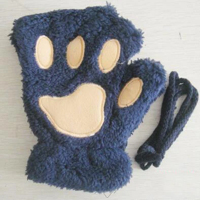 Women Cute Cat Claw Paw Plush Mittens Warm Soft Plush Short Fingerless Fluffy Bear Cat Gloves Costume Half Finger Black Beige - Цвет: Q
