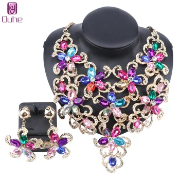 

Women Accessories Wedding Bridal Gold Colorful Statement Crystal Flower Pendant Necklace Earring Party Jewelry Set