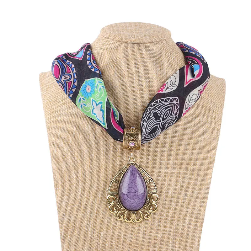 

Water drop shape jewelry necklace scarf for women print chiffon alloy pendant neck scarfs Bohemian head scarves accesorios mujer