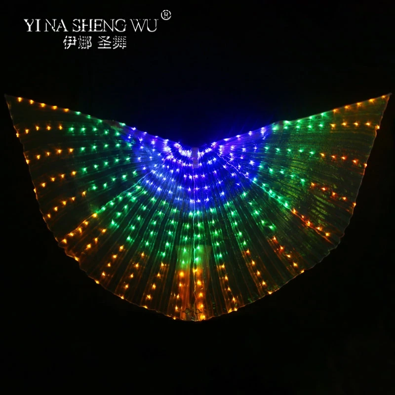 LED Belly Dance Isis Wings with Adjustable Stick Stage Performance Props Unisex Shining Rainbow LED Dance Wings 300pcs LED Beads - Цвет: Blue-Green-Orange