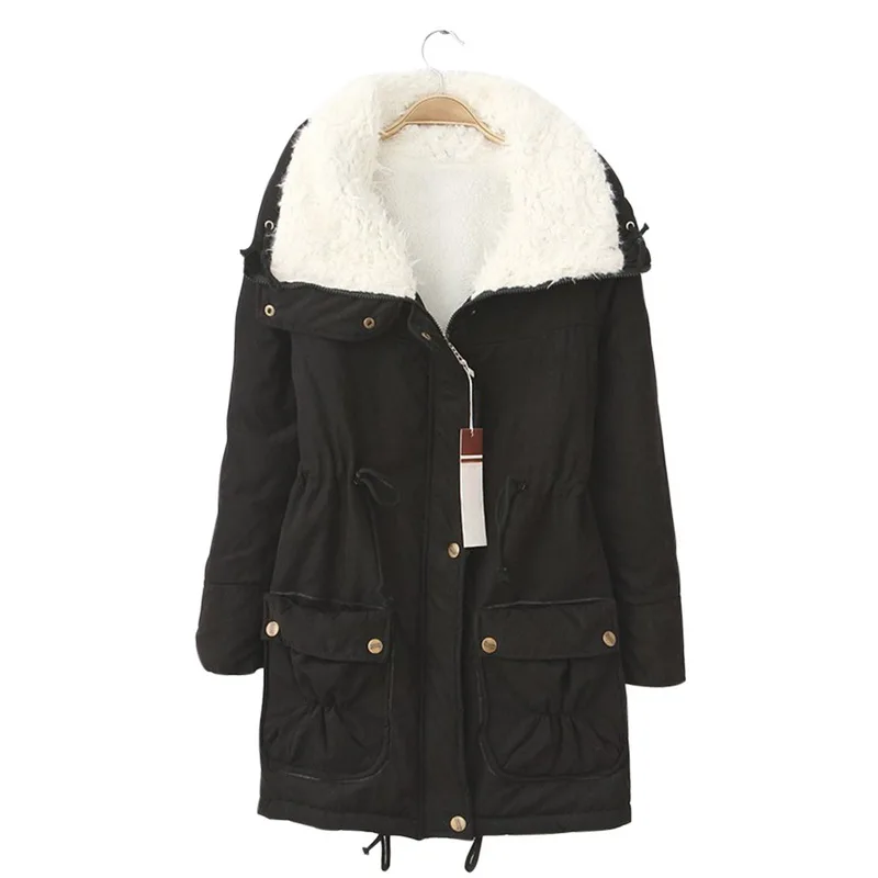 LOOZYKIT, зимние парки, хлопковое пальто, женская тонкая зимняя верхняя одежда, стеганая куртка средней длины, толстая хлопковая стеганая теплая хлопковая парка - Цвет: Black