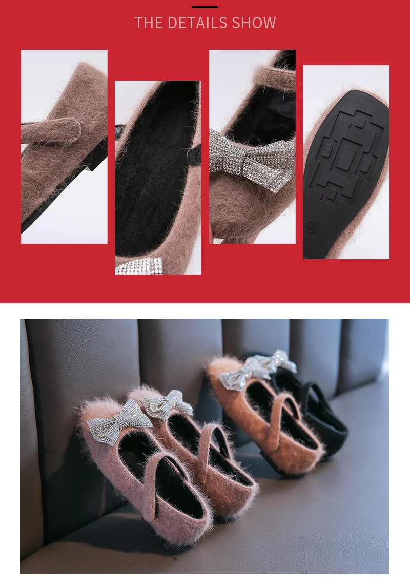 Bakkotie Kids Winter Dress Shoes Baby Girls Fashion Rhinestone Bowtie Warm Mary Jane Flats New Princess Sweet Fur Shoes