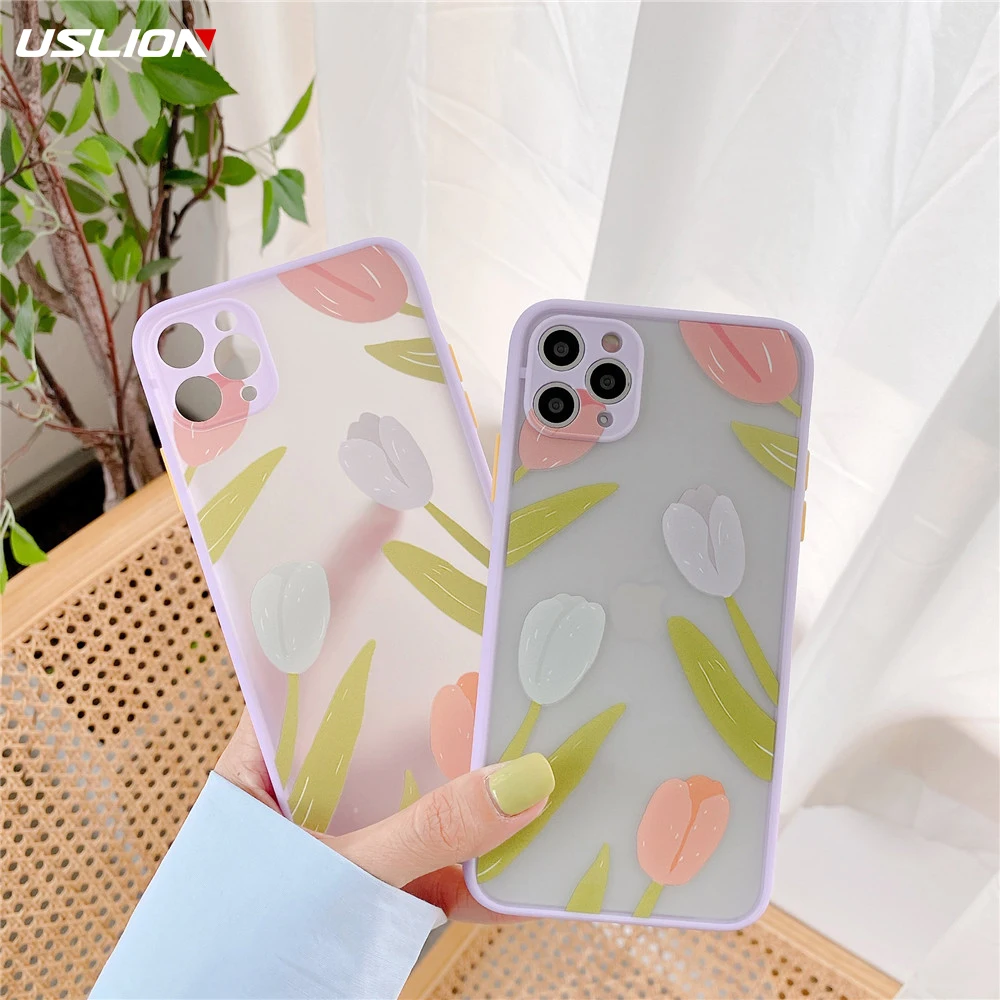 USLION TPU Phone Case For iPhone 11 Pro Max Xr XsMax X Xs Tulips pattern Thick Border Transparent Back Cover | Мобильные телефоны и