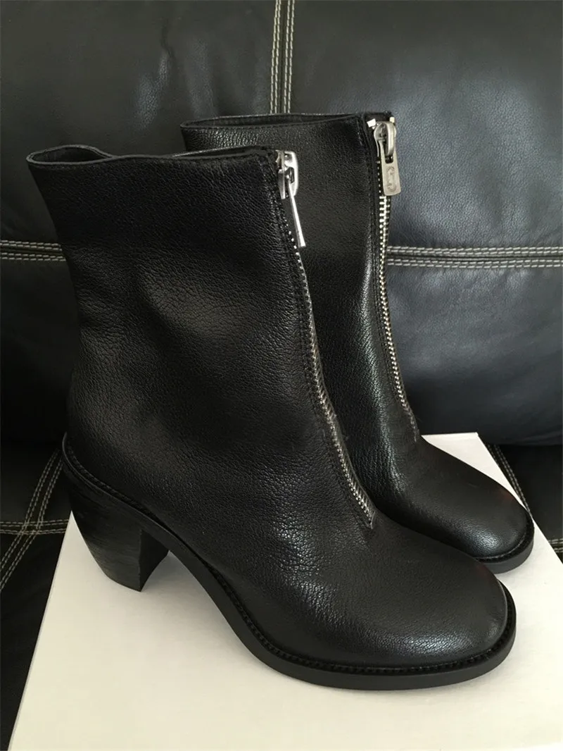 Casual Boots Women Round Toe Square High Heel Slim Zipper Ladies Party Bottes Solid Color Comfy Genuine Leather Boots Woman
