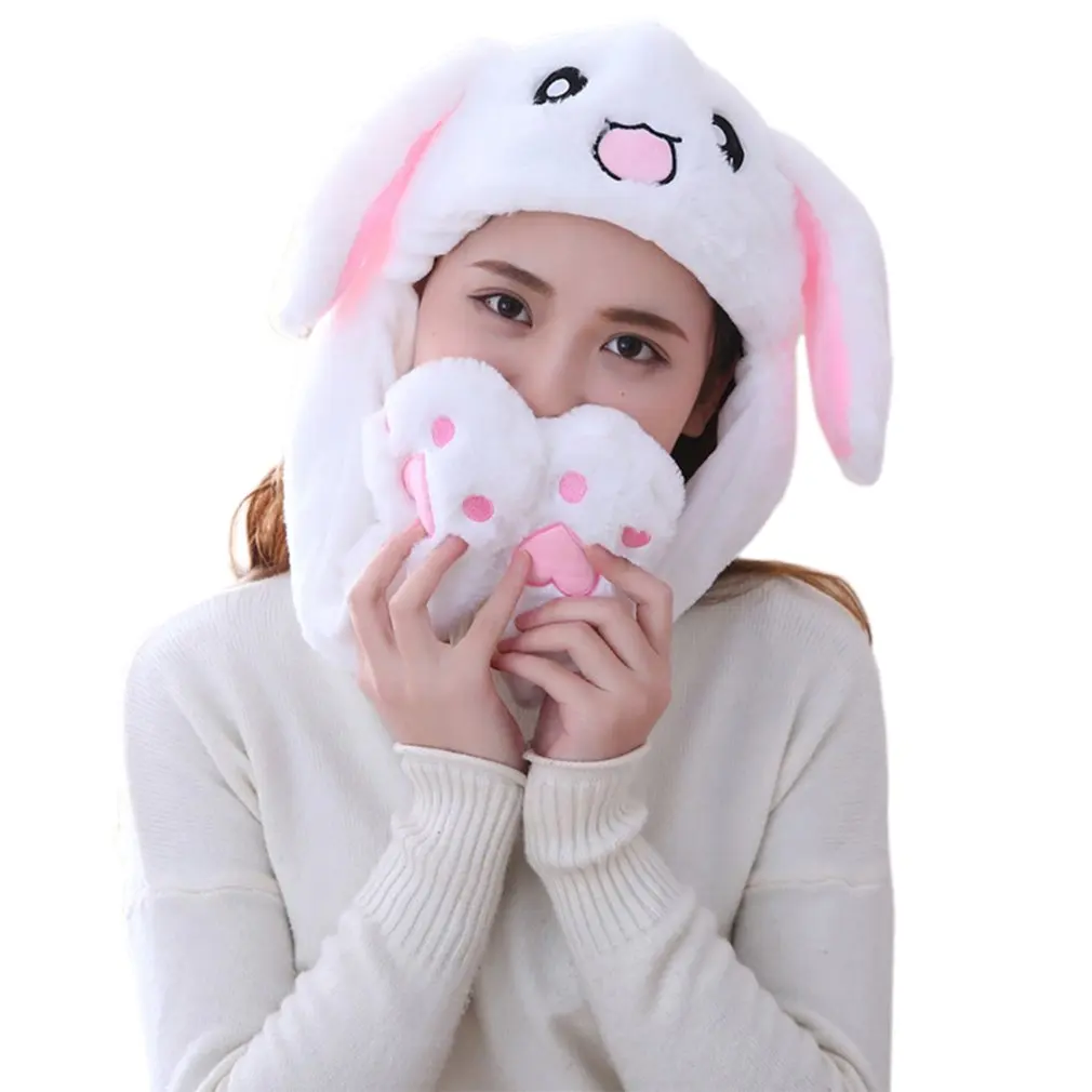 Шапки для прыжков с ушками животных для девочек; Детские и женские теплые плюшевые зимние шапки с кроликом; забавные детские шапки с милым кроликом и пушистой подушкой безопасности - Цвет: rabbit white