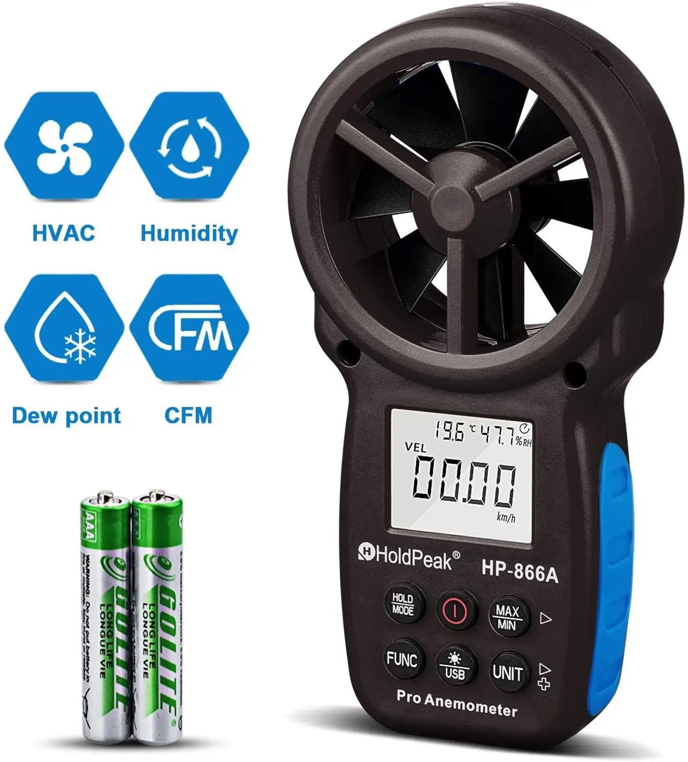 

866A Wind Speed Meter for Measuring Wind Speed,Temperature,Air Flow Area Setting with Data Hold Backlit and Relative Humidity