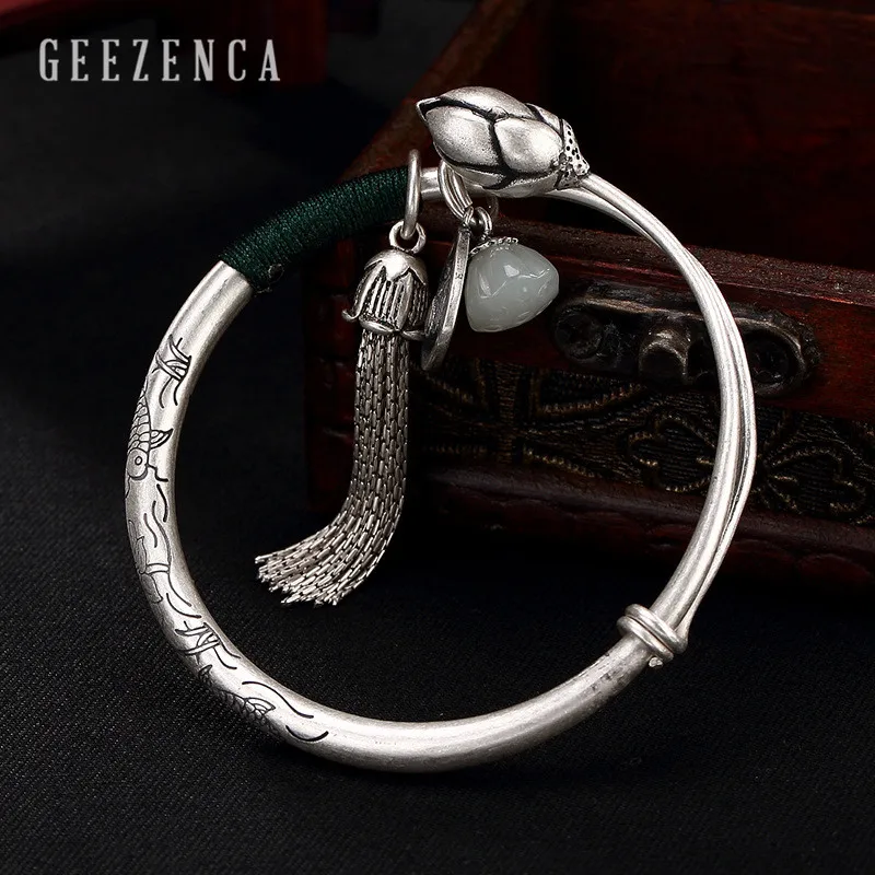 990 Sterling Silver Thai Handmade Craft Hetian-jade Resizable Bangles Lotus Tassel Bracelet Bangle Vintage Fine Jewelry Women | Украшения и