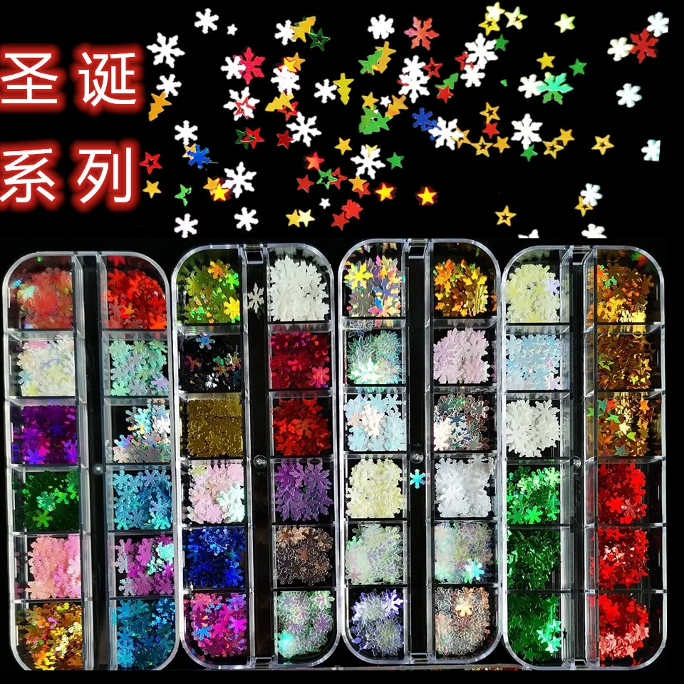 

1 Box Holographic Xmas Snowflakes Nail Sequins Flakes 3D Nail Art Glitter Laser AB Silver Paillette Manicure Decorations