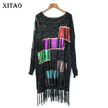 

XITAO Tassel Hem Knitted Sweater Vintage Sequin Elegant Korea Fashion New 2019 Autumn Patchwork Minority Style Sweater GCC1983