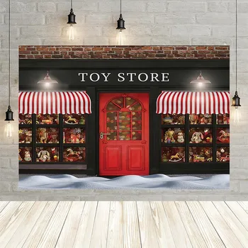 

Avezano Christmas Toy Store Photography Background Snow Street Black Shop Red Door Baby Portrait Backdrop for Photo Studio Drops