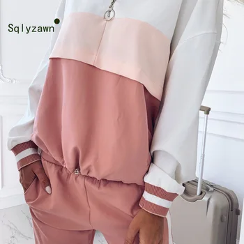 

Autumn Women Color Block Patchwork Pink Two Piece Set Hooded Pullover Sweat Shirt + Top Jogger Pants Matching Track Suit Oufits