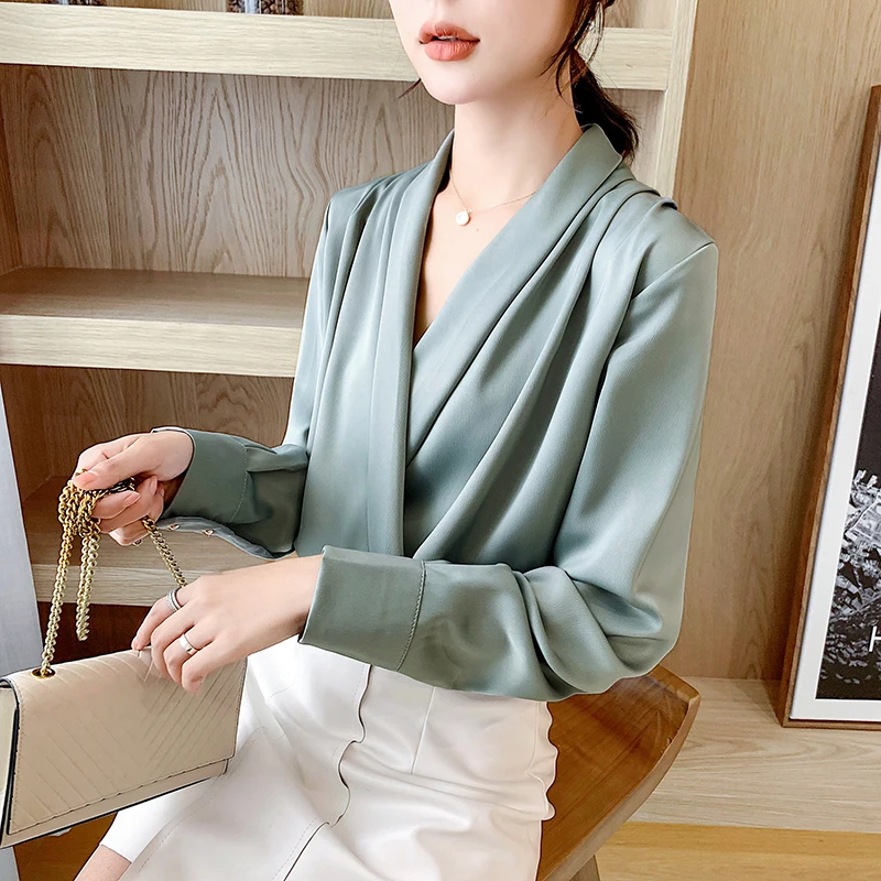 Осенние сексуальные блузки с длинным рукавом, винтажная Женская атласная блузка, корейский темперамент, женские офисные рабочие топы, blusas mujer