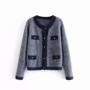 

Women's o-neck Bright silk contrast color Sweater lady Autumn sweater casual Female cardigen single breasted chic Tops TB3437