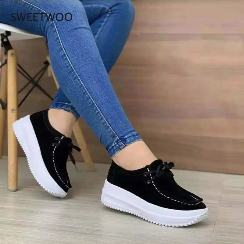 Women's Vulcanized Shoes Flock Ladies Sewing Flat Platform Lace-Up Casual Autumn Female  2021 Fashion New Comfort
