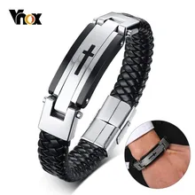 Vnox плетеный браслет из натуральной кожи для мужчин, черный массивный браслет из нержавеющей стали, браслет с изображением Креста, повседневный мужской браслет в стиле панк