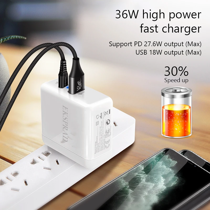 USB C настенное зарядное устройство, EKSPRAD 36 Вт 2 порта type C зарядное устройство с мощностью 18 Вт с складной вилкой для быстрой зарядки iPhone 11 Pro