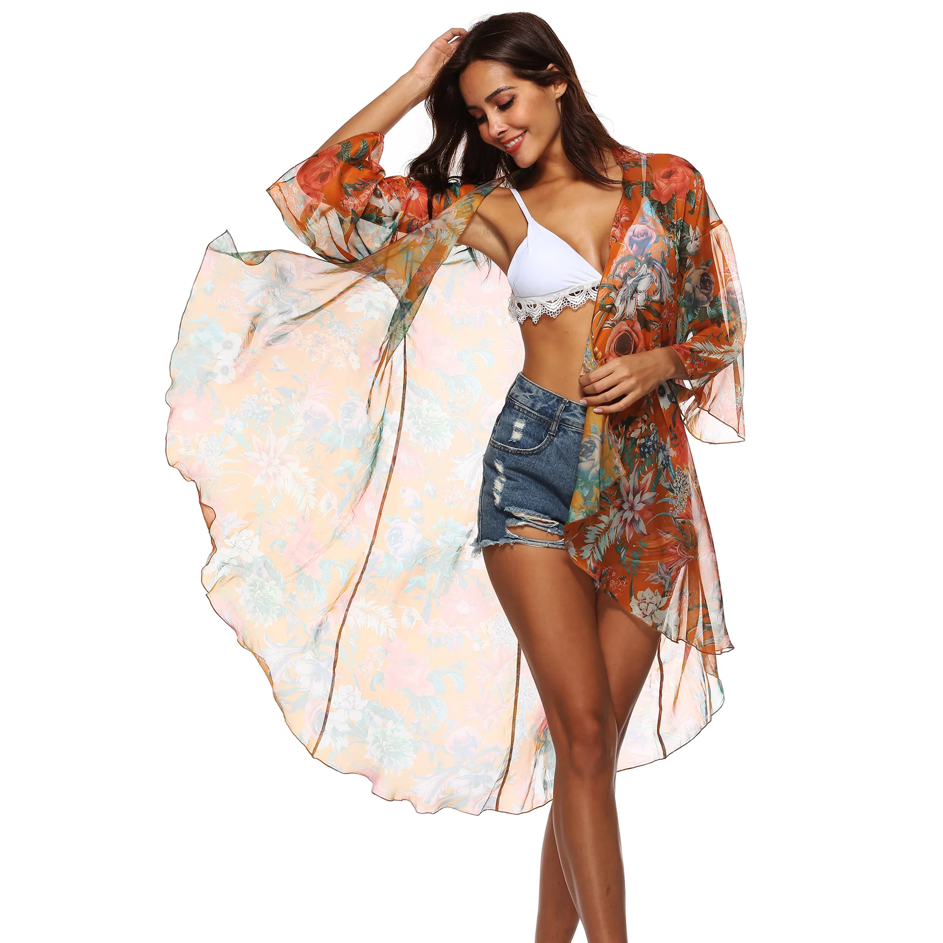 

WOMEN'S Dress Flower Printed Front Short Long Back Irregular Three-quarter-length Sleeve Cardigan Sun-resistant Blouse A1928