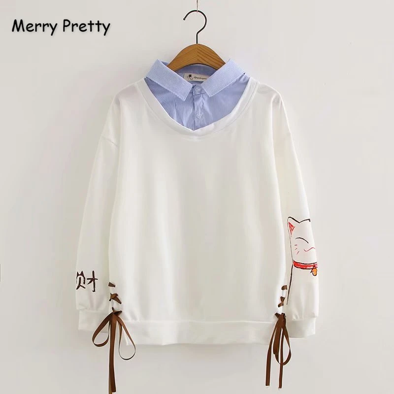 Веселая Красивая Для женщин с рисунком кота из мультфильма Harajuku толстовки зимняя одежда с длинным рукавом, отложным воротником со стойкой, милые пуловеры тренировочные костюмы