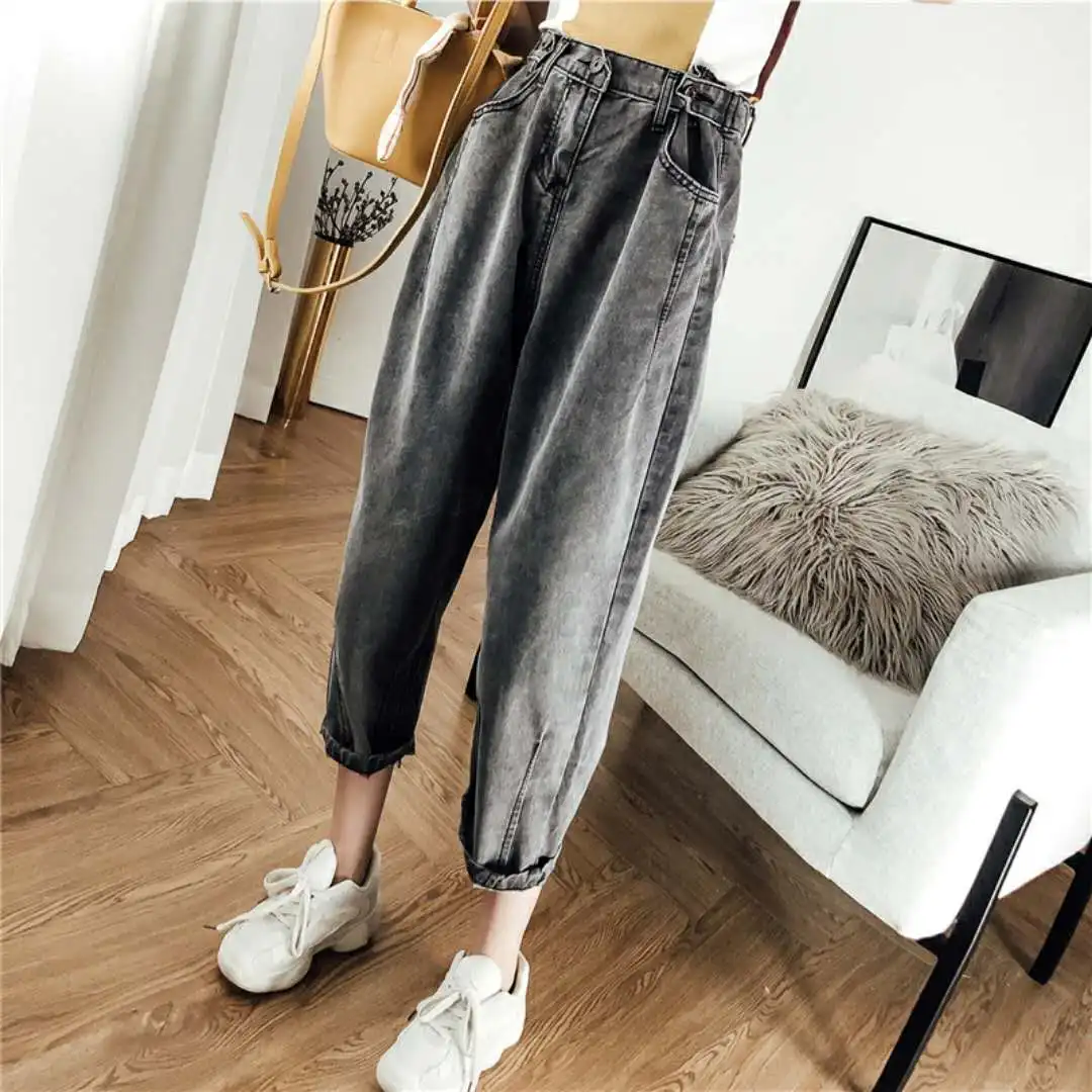 Джинсы женские шаровары длиной до щиколотки брюки корейский стиль высокая талия джинсовые студенческие свободные женские универсальные карманы синий большой размер