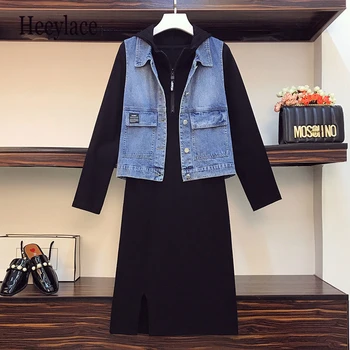

plus size women tracksuits autumn two piece set for women hoodied pullover dresses and sleeveless dnim vest sets 2020 women suit