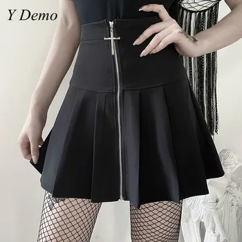 

Gothic Streetwear Women Highg Waist Cross Zipper Skirt Elastic Female Black Mini Pleated Skirt