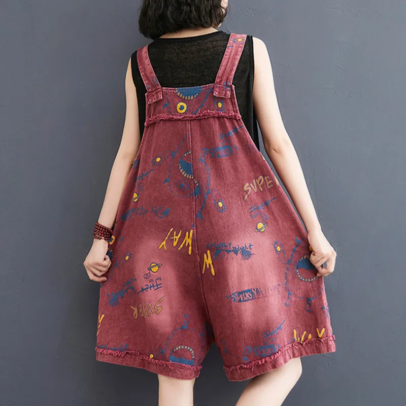 #1417 Black Red Denim Playsuits Women Loose Wide Leg Vintage Playsuits Ladies Big Pockets Printed Overalls For Women Summer 2023