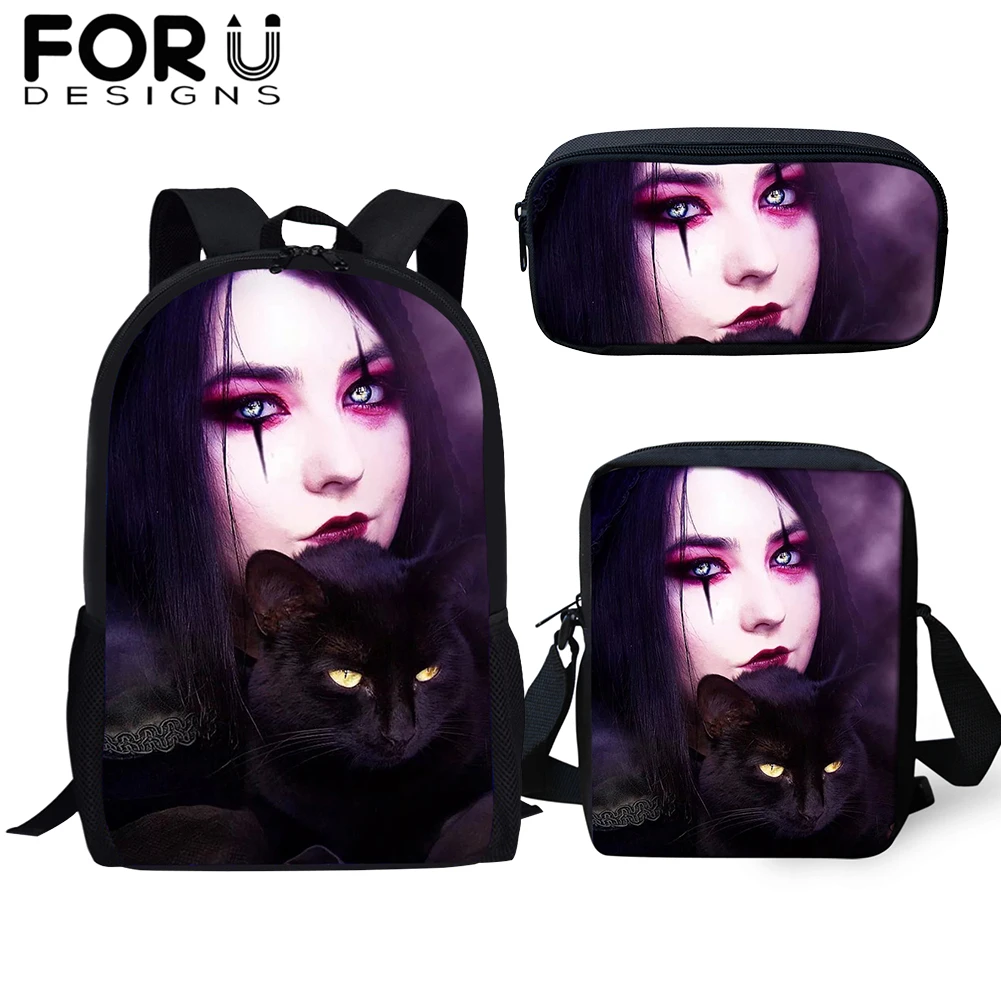 

FORUDESIGNS 3Pcs/Set 3D Print School Bags for Girl Gothic Girls Dark Art Backpack Bagpack Teenage Femme Vintage Black Rucksack
