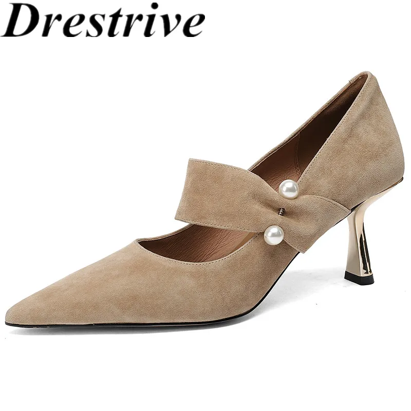 

Drestrive Sheep Suede 2022 New Arrival Elegant Women Pumps Pointed Toe Apricot Summer Shoes Office High Heels Bead