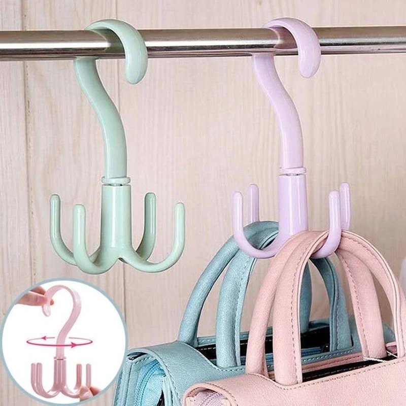 

4 Hooks Ties Bag Holder Space Saving Hanger Cabinets Clothes Organizer 360 Degree Rotation Shoes Belt Scarf Hanging Rack